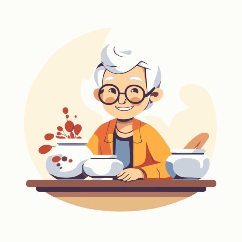 Elderly man cooking soup. Vector illustration in cartoon style.