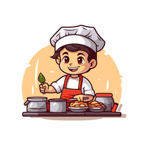 Cute little chef boy cooking in kitchen. cartoon vector illustra