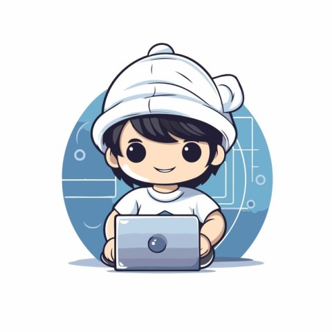 Cute boy using laptop on white background. Cartoon vector illust