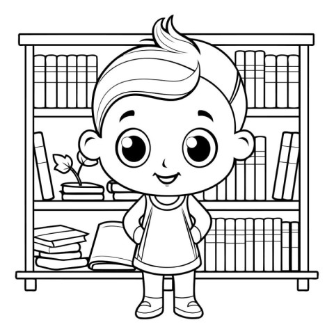 Cute little boy cartoon in the library. Black and white vector i