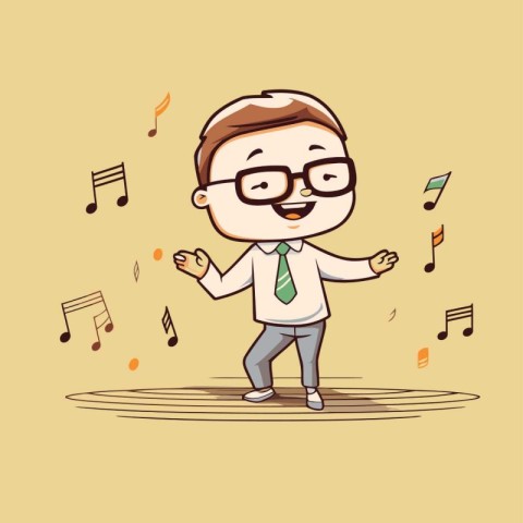 Businessman dancing with musical notes. Vector illustration in c