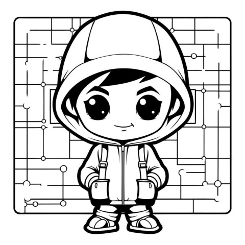 Black and White Cartoon Illustration of Cute Little Boy Construc