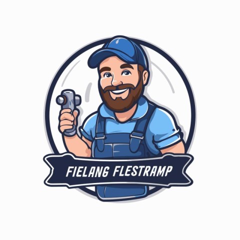 Vector illustration of a plumber holding a pipe wrench in his ha