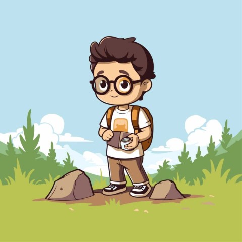 cute boy with backpack and camera in the nature. vector illustra