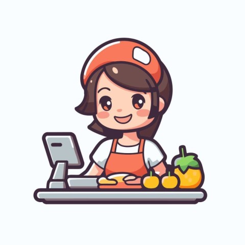 Cute little girl making healthy food at the kitchen. Vector illu