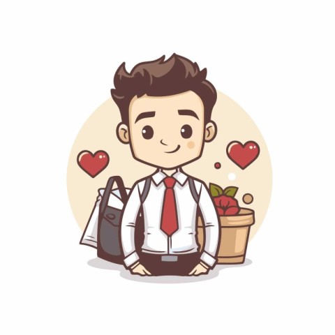 Cute cartoon businessman with shopping bag and heart. Vector ill