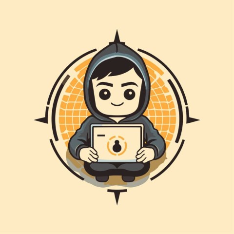 Cute cartoon hacker with a laptop. Vector illustration in flat s