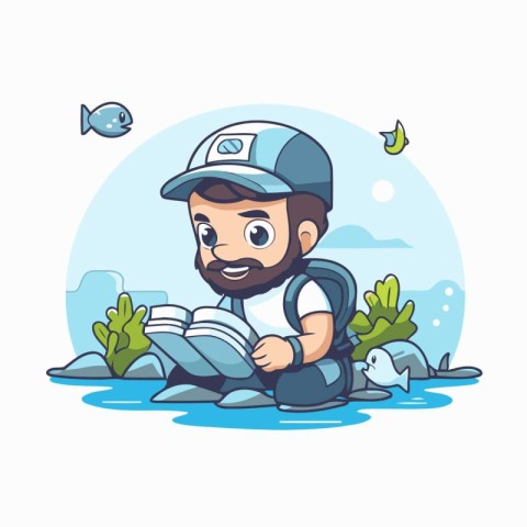 Cartoon fisherman sitting on the rock. Vector illustration in ca