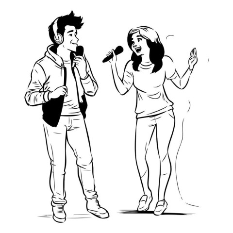 Vector illustration of couple singing karaoke. Hand drawn sketch