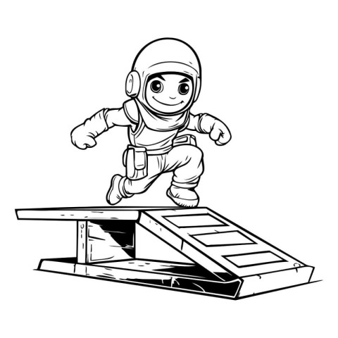 Astronaut on a wooden platform. Vector illustration in cartoon s