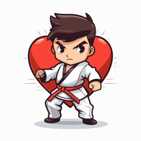 Cartoon karate boy with big red heart. Vector illustration.