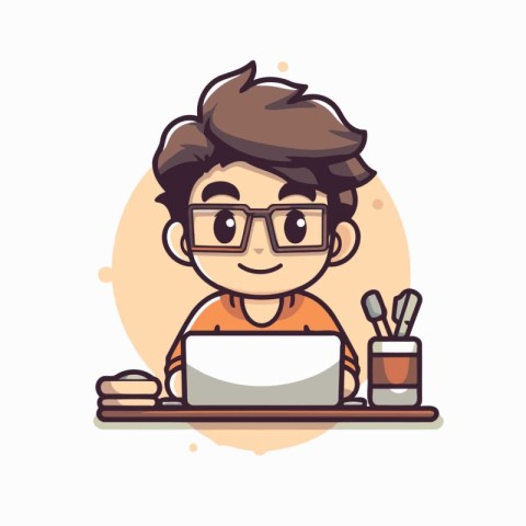 Cute boy with glasses and laptop. Vector illustration in cartoon