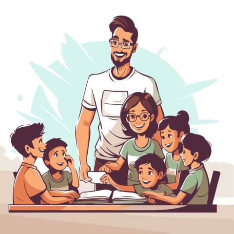 Teacher with students in classroom. Vector illustration in carto