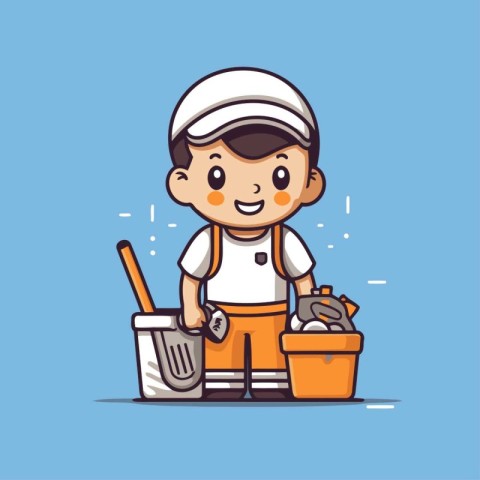 Cartoon boy cleaning the house. Cleaning concept. Vector illustr