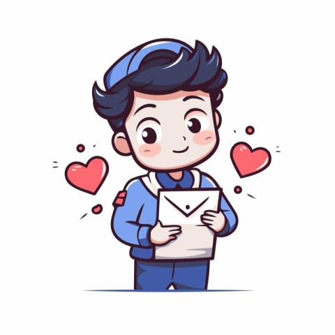 Boy holding envelope and sending letter. Vector illustration in