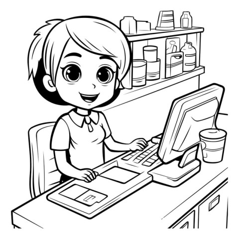 Black and white illustration of a girl using a computer at home.