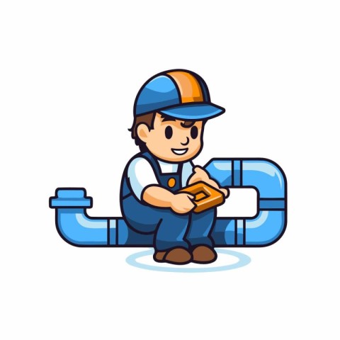 Plumber with water pipe and card. Vector illustration in cartoon