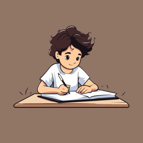 Vector illustration of a boy doing his homework. Isolated on bro