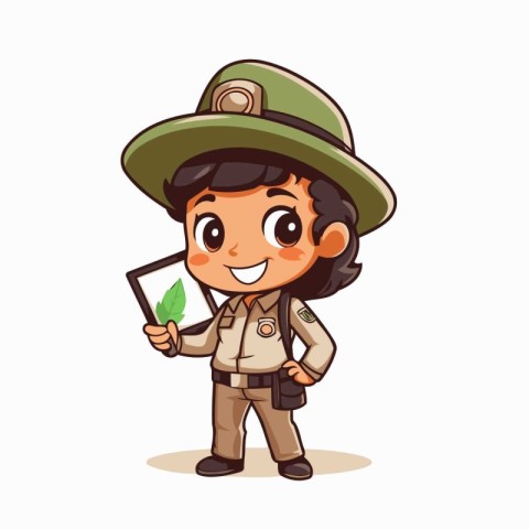 Boy in safari costume holding map and looking at camera. Vector