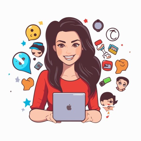 Young woman with laptop and social media icons. Vector illustrat