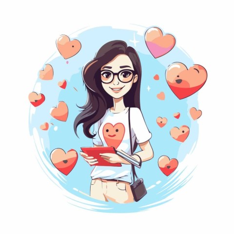 Beautiful girl in glasses with a tablet and hearts around her. V