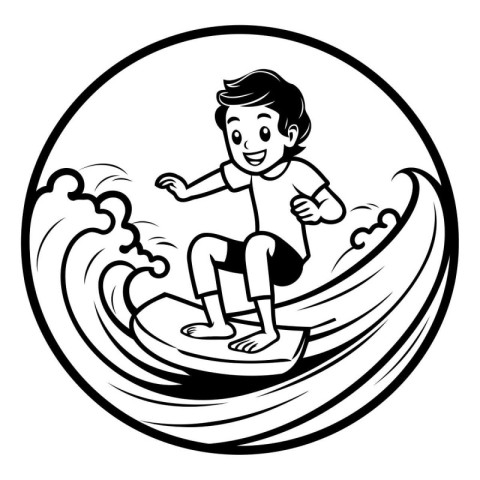 Boy surfing on a wave. Black and white vector illustration for c