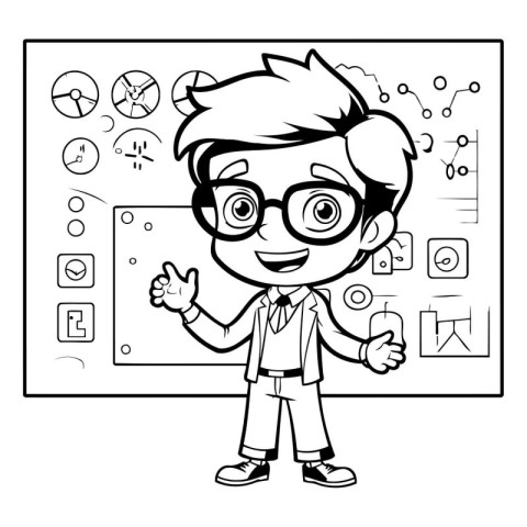 Black and White Cartoon Illustration of a Kid Boy Student or Ele