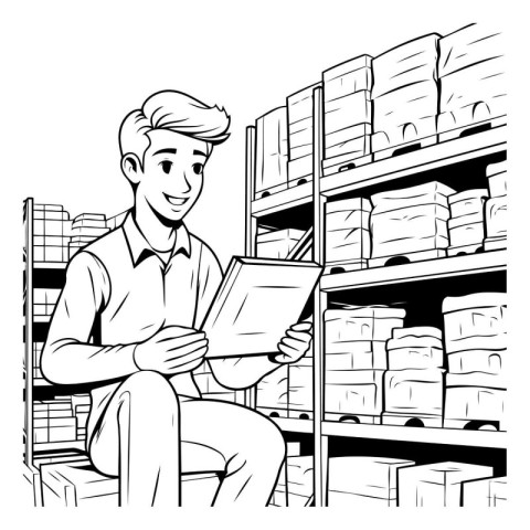 Man working in warehouse. Black and white vector illustration fo