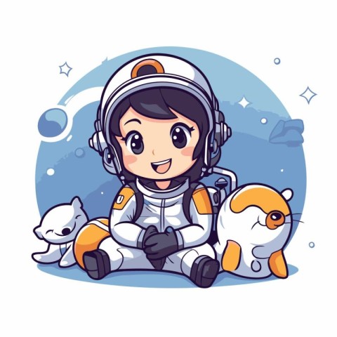 Cute little astronaut girl in space suit with cat. vector illust