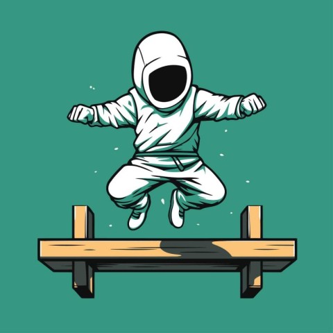 Astronaut jumps on a wooden platform. Vector illustration of an