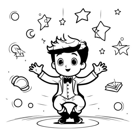 Cute little magician cartoon. Vector illustration. Black and whi