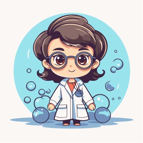 Cute little girl scientist cartoon character. Vector illustratio