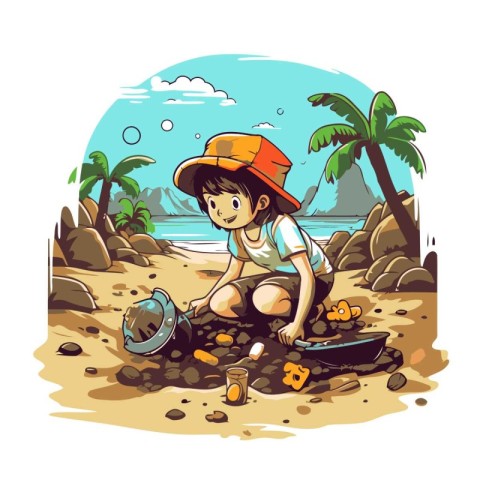 Cute little boy playing on the beach. Vector cartoon illustratio