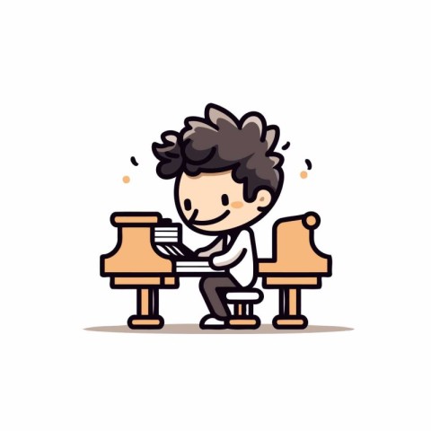 Cute boy sitting on bench and reading book. Vector illustration.