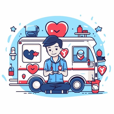 Vector illustration of a man sitting in front of a van and holdi