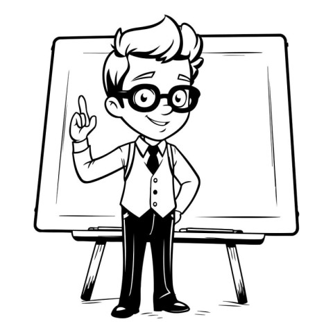 Black and White Cartoon of Teacher or Professor with Blackboard.