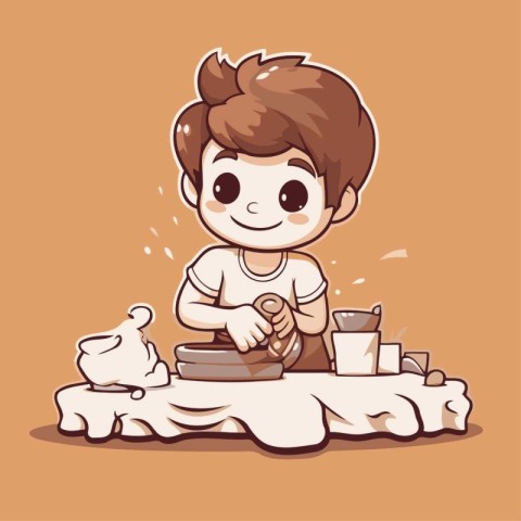 Cute boy playing pottery. Vector illustration in cartoon style.