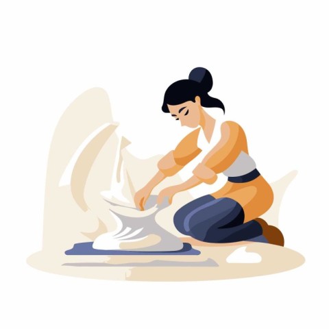 Woman ironing clothes on the ironing board. Flat vector illustra