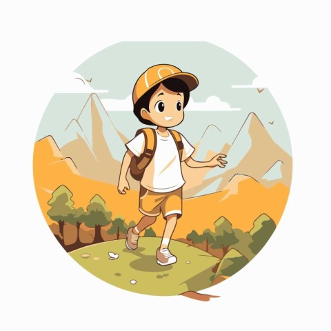 Boy with backpack in the mountains. Vector illustration in carto