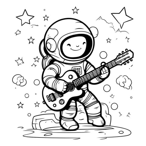 Astronaut playing guitar. Black and white vector illustration fo