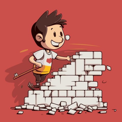 Cartoon boy building a brick wall with a hammer. Vector illustra