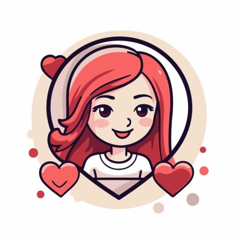 Cute cartoon girl with red hair and heart. Vector illustration.