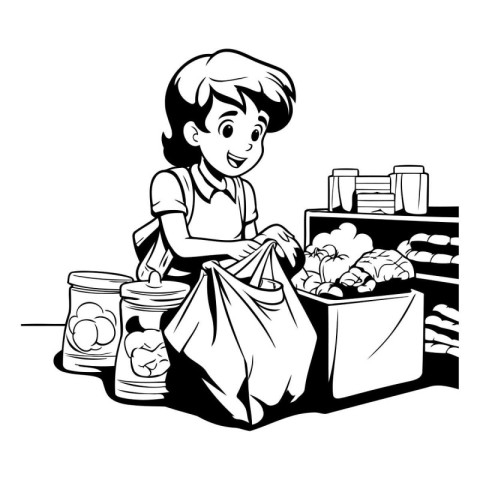 Black and white illustration of a boy with a bag of groceries.