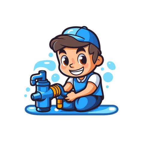 Plumber with water tap. Vector cartoon illustration isolated on