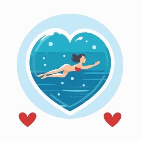 Girl swimming in a heart-shaped pool. Vector illustration in fla