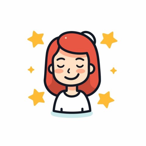 Cute cartoon girl with red hair and stars. Vector illustration.