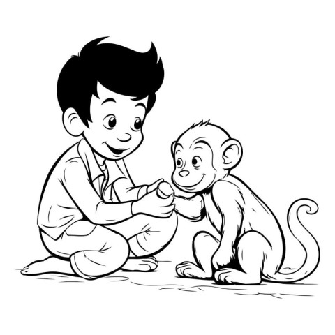 Monkey and boy playing with a monkey. Black and white vector ill