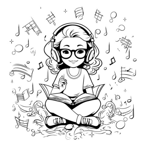 Cute cartoon girl listening to music. Vector illustration for co