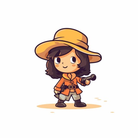 Cute little girl in safari hat holding a gun. Vector illustratio