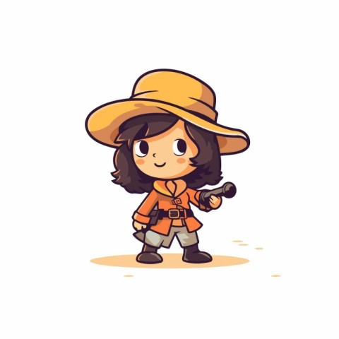 Cute little girl in safari hat holding a gun. Vector illustratio